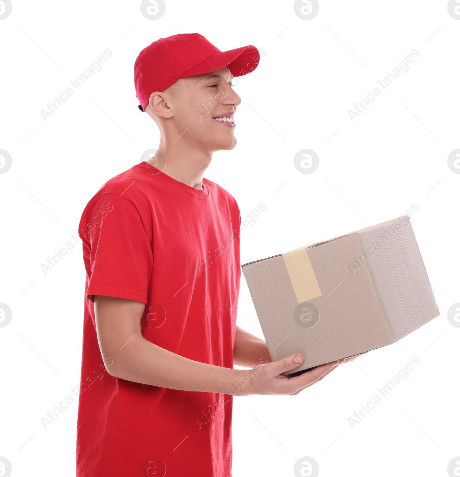 Photo of Happy courier with parcel on white background