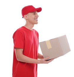 Photo of Happy courier with parcel on white background