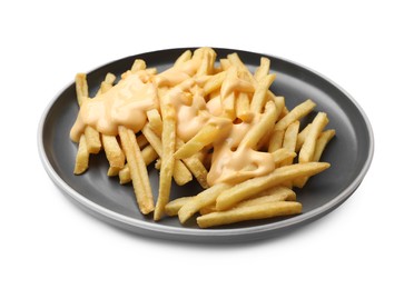 Photo of Delicious french fries with cheese sauce isolated on white