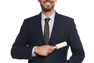 Man cleaning jacket with adhesive lint roller on white background, closeup