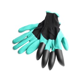 Photo of Pair of gardening gloves on white background, top view