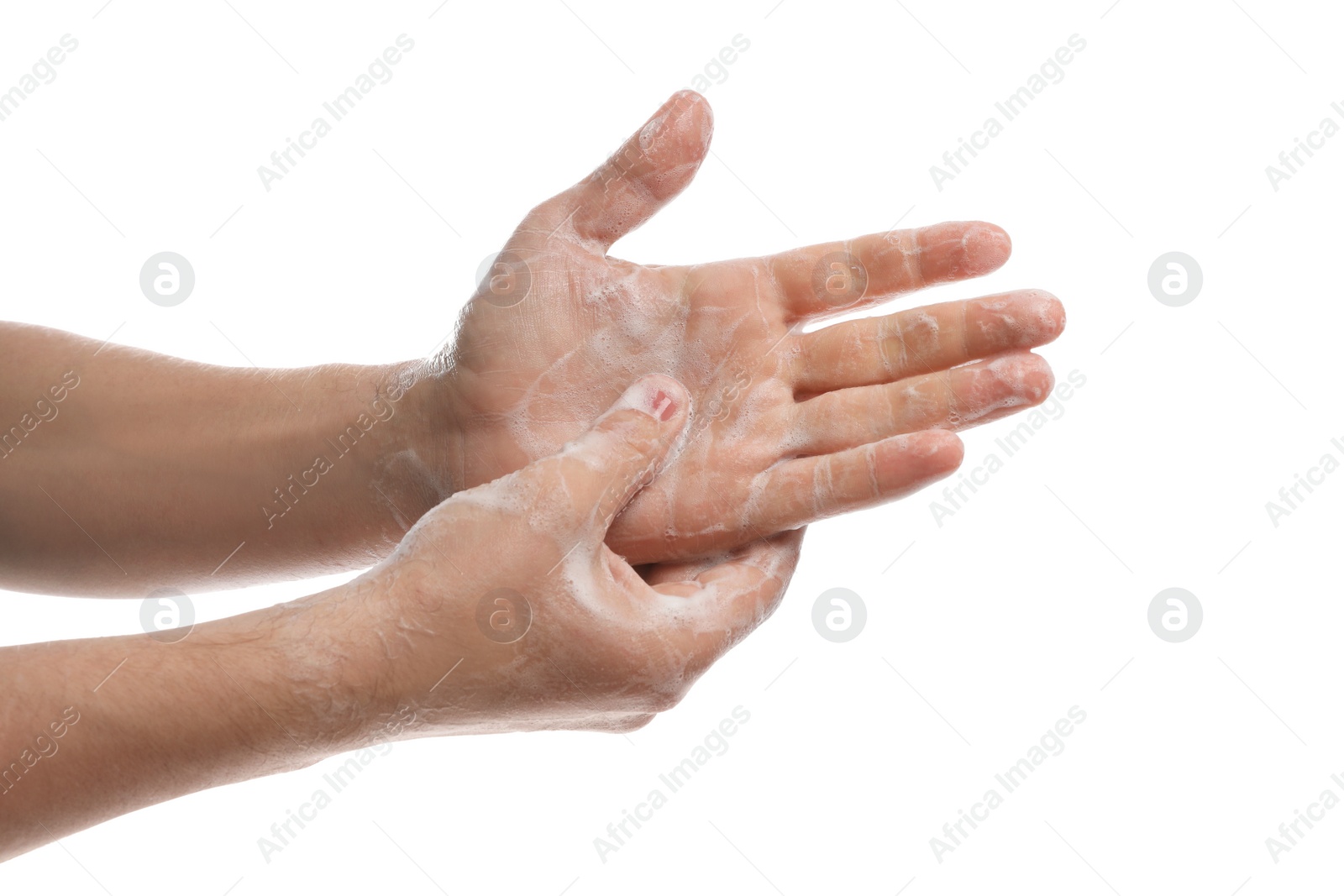 Photo of Man washing hands with soap on white background, closeup