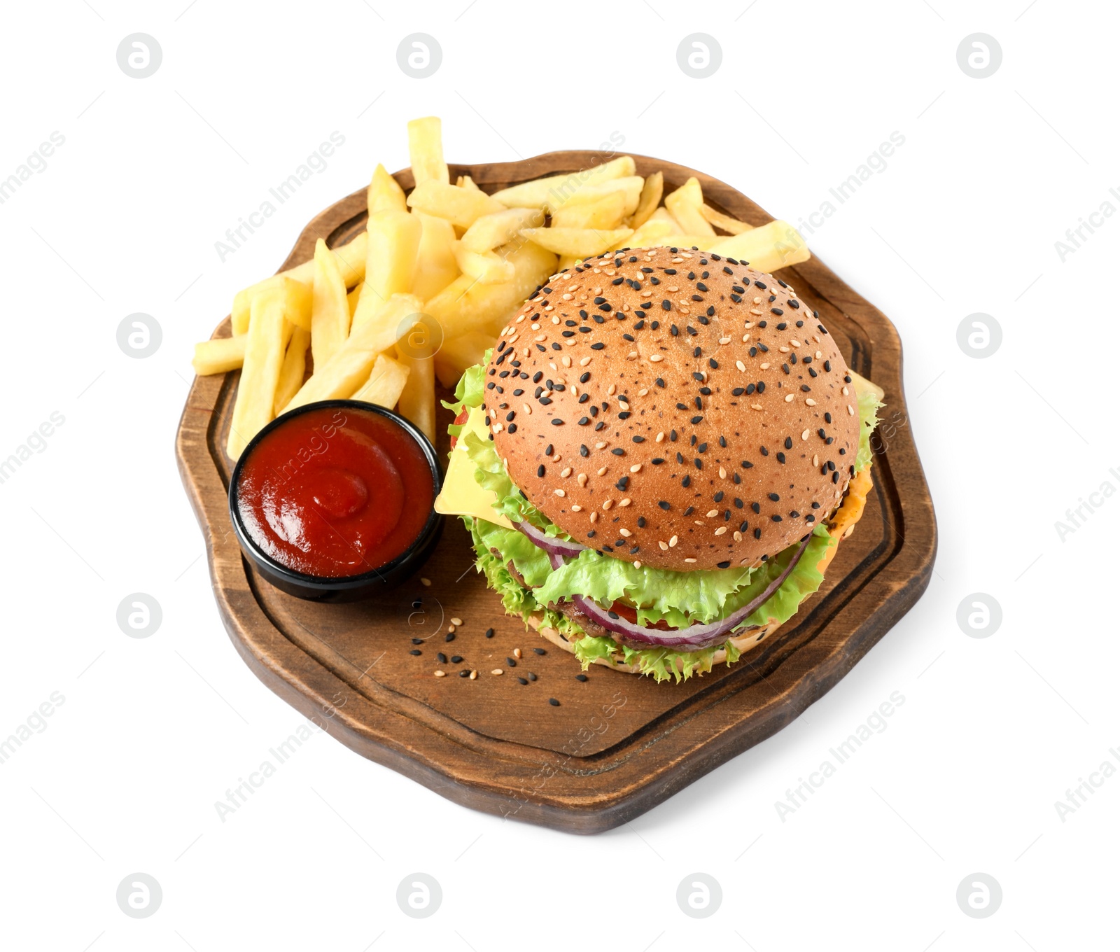 Burger with delicious patty, french fries and sauce isolated on white Photo of Burger with delicious patty, french fries and sauce isolated on white