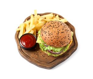 Photo of Burger with delicious patty, french fries and sauce isolated on white