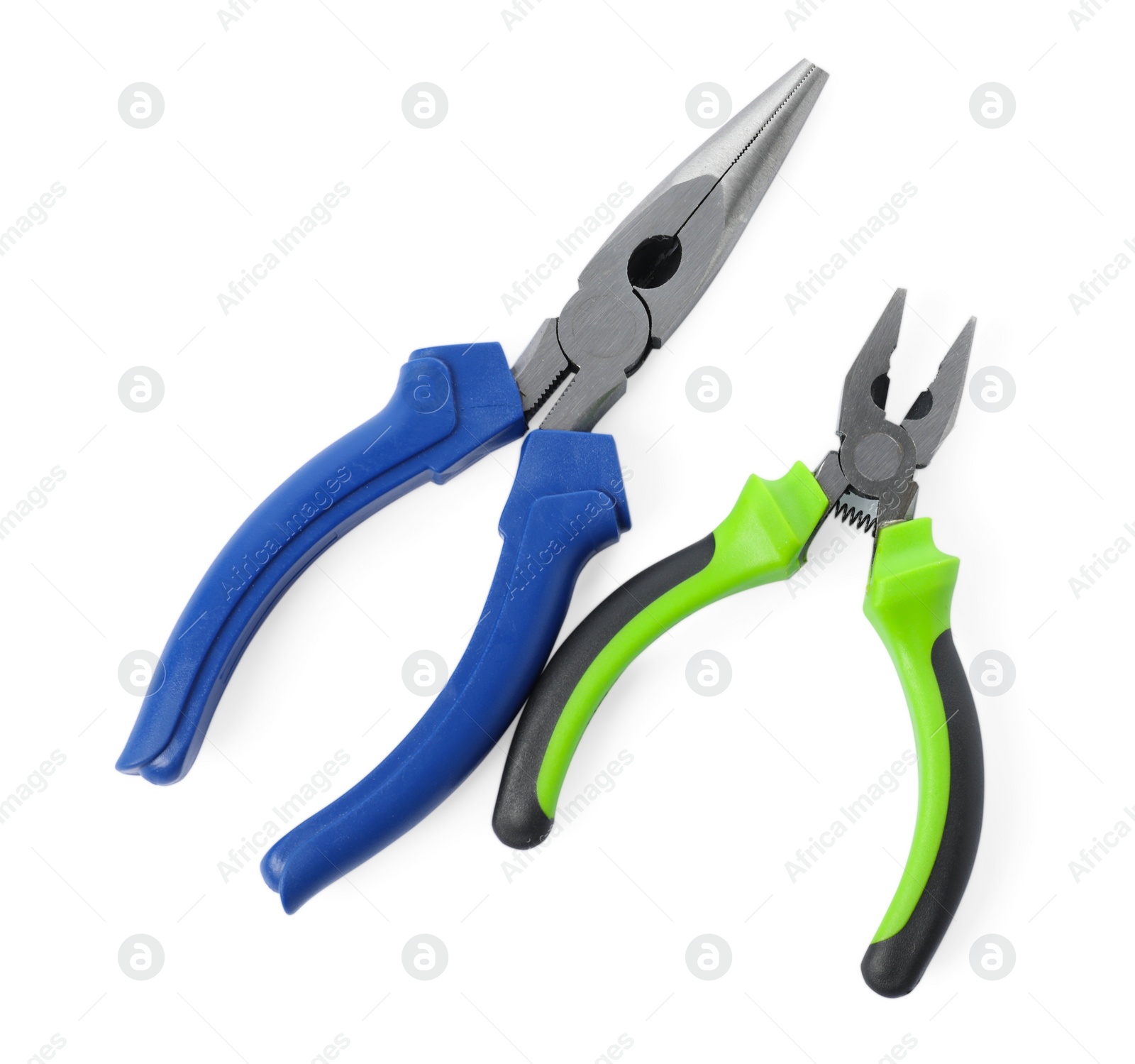 Photo of Different pliers isolated on white, top view