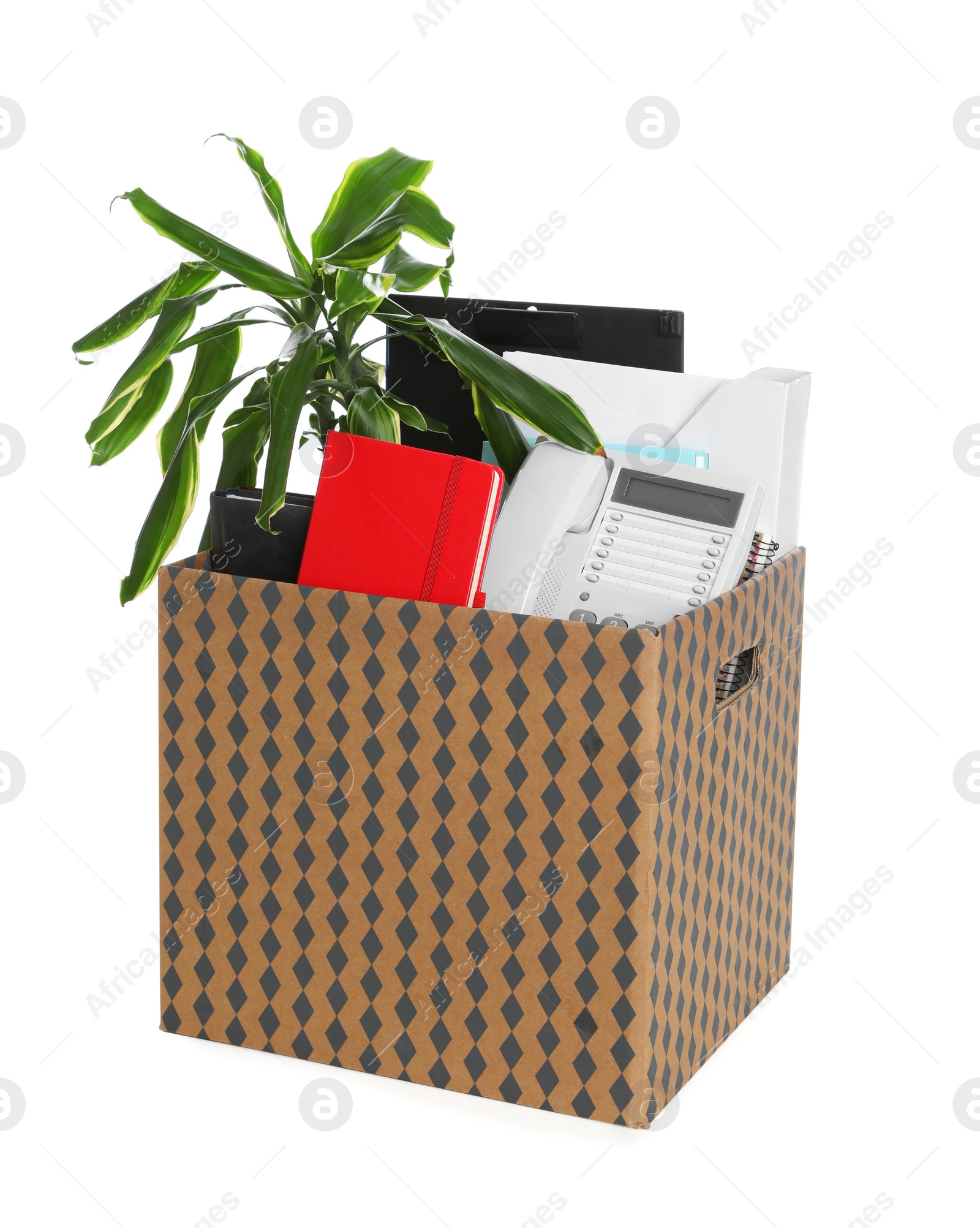 Photo of Moving box with stuff isolated on white. Work promotion concept