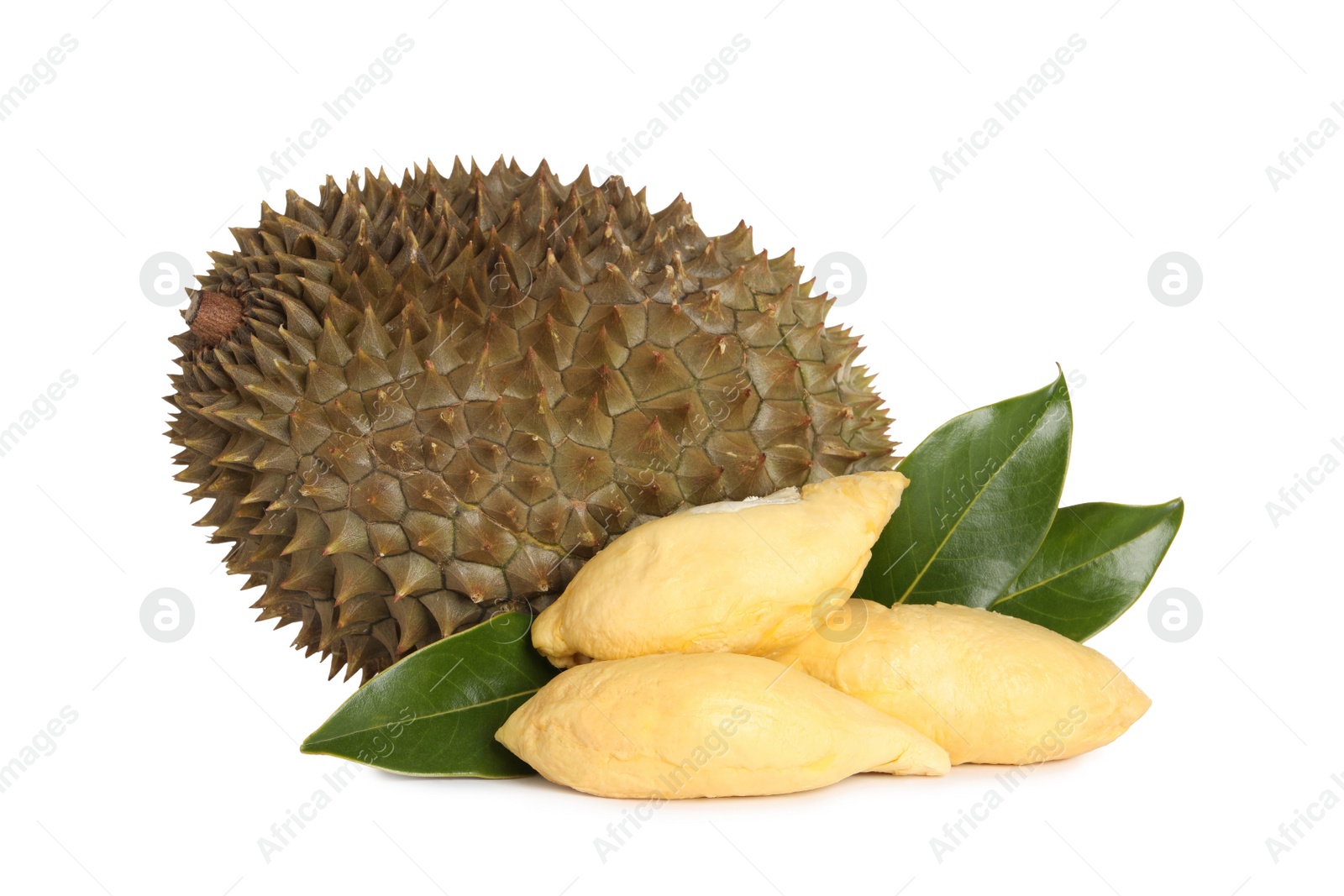 Photo of Fresh ripe durians with green leaves on white background. Tropical fruit