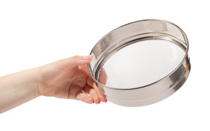 Woman with metal sieve on white background, closeup