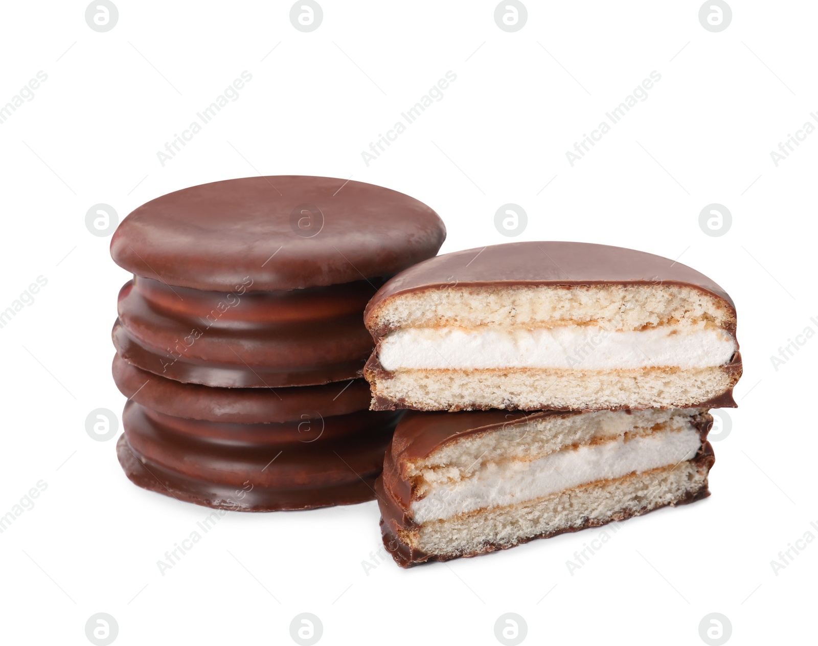 Photo of Delicious choco pies on white background. Classic snack cakes