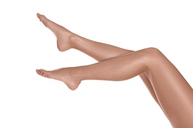 Photo of Woman with beautiful legs on white background, closeup