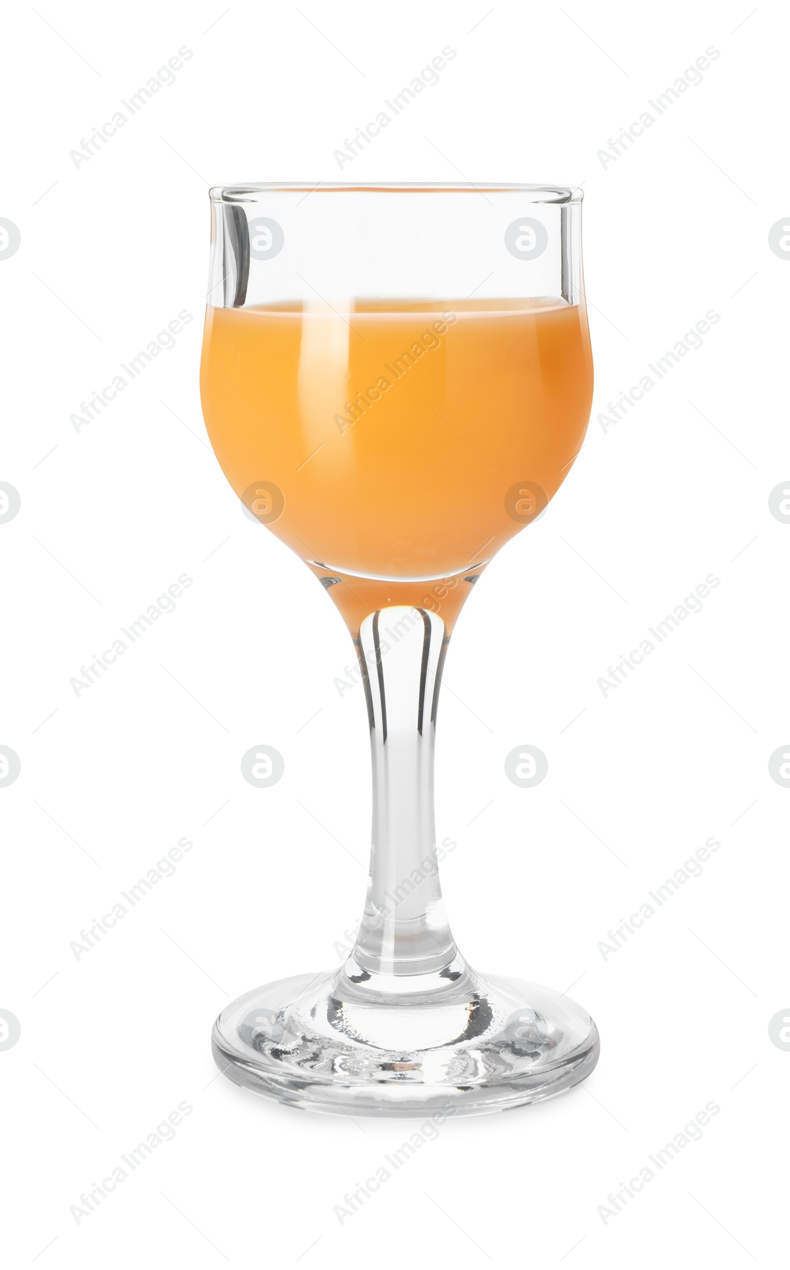 Photo of Tasty tangerine liqueur in glass isolated on white