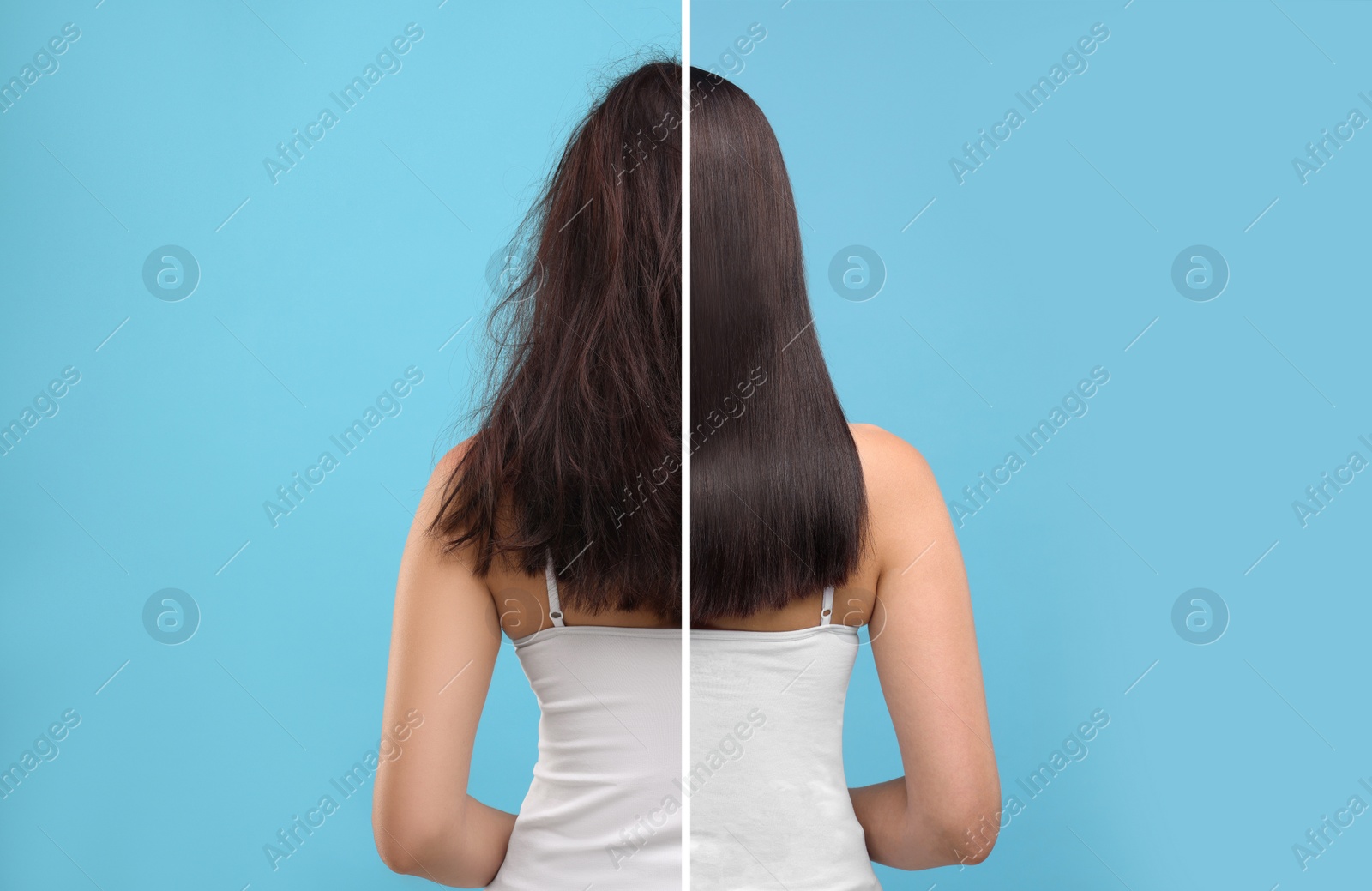 Image of Photo of woman divided into halves before and after hair treatment on light blue background, back view