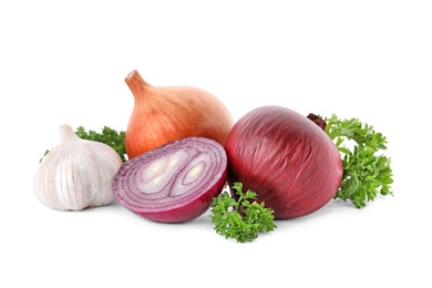 Photo of Green fresh parsley and vegetables on white background