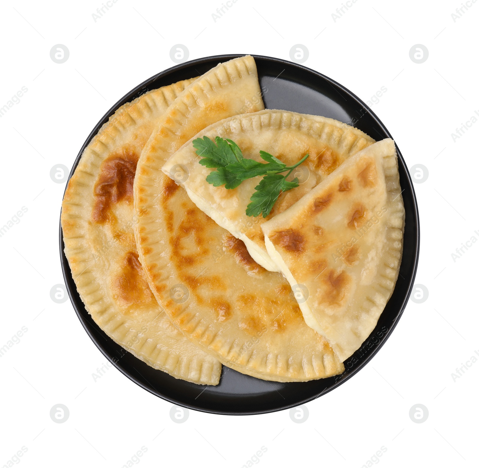 Photo of Delicious fried chebureki with cheese and parsley isolated on white, top view