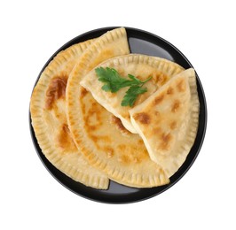 Photo of Delicious fried chebureki with cheese and parsley isolated on white, top view