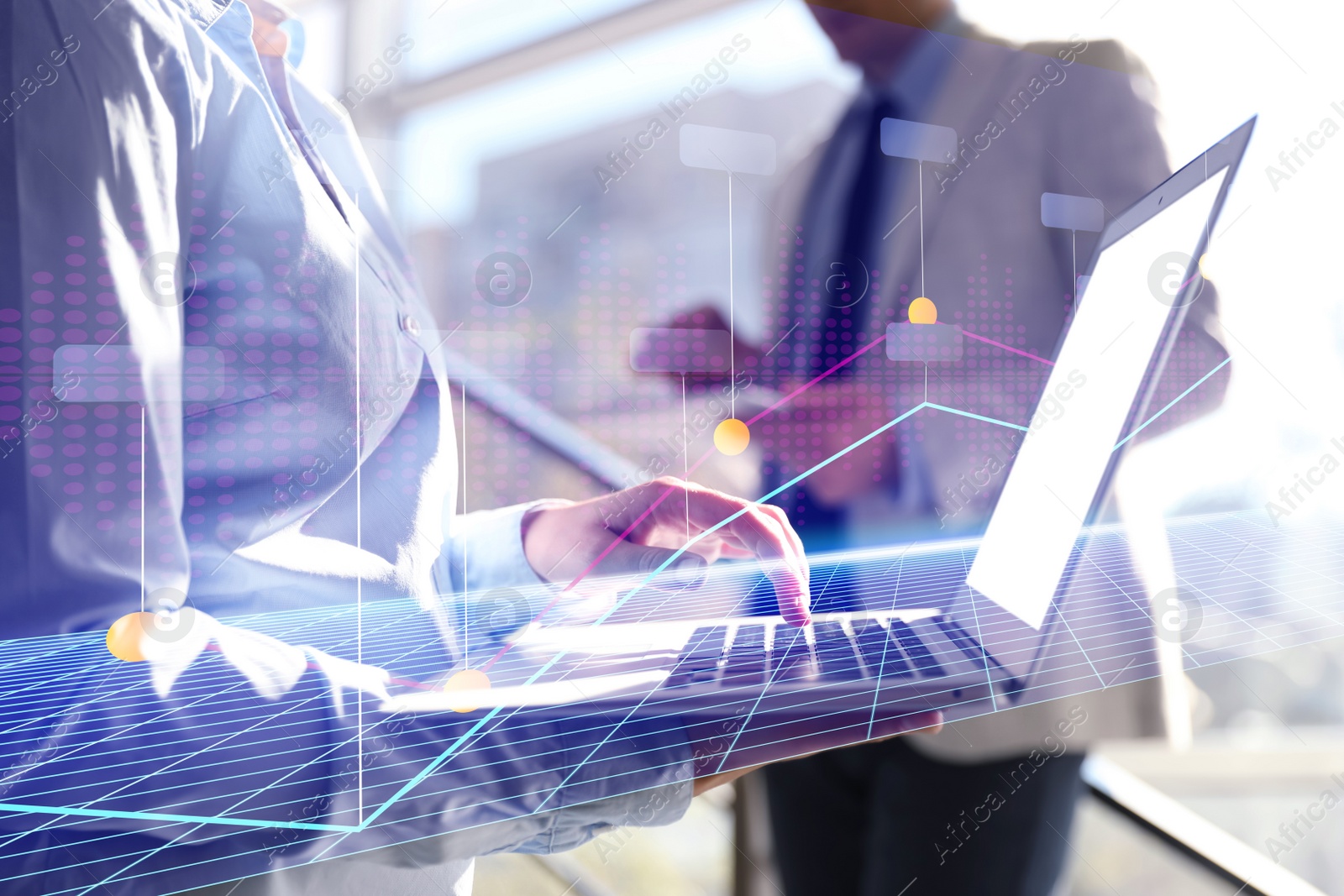 Image of Forex trading. Double exposure of charts and people using devices, closeup