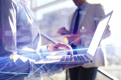 Image of Forex trading. Double exposure of charts and people using devices, closeup