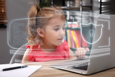 Child safety online. Little girl using laptop at home. Illustration of internet blocking app on foreground