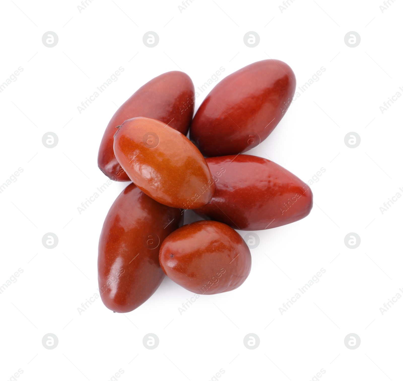 Photo of Heap of ripe red dates on white background, top view