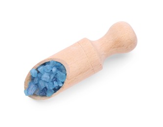 Photo of Wooden scoop with blue sea salt isolated on white, top view