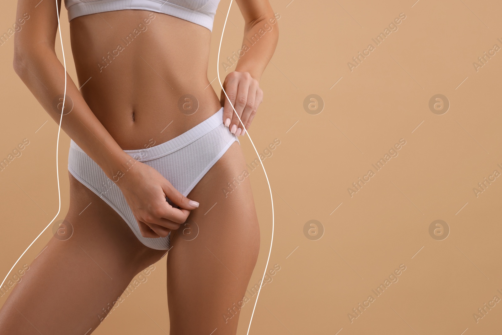 Image of Woman showing her beautiful figure on dark beige background, closeup. Space for text. Her body outline before cosmetic treatment