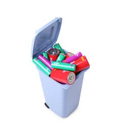 Many used batteries in recycling bin isolated on white