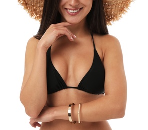 Photo of Pretty sexy woman with slim body in stylish black bikini on white background, closeup view