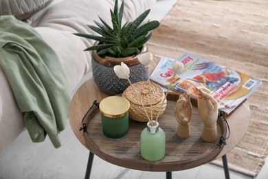 Photo of Wooden tray with air reed freshener, plant and mannequin hands on table in living room