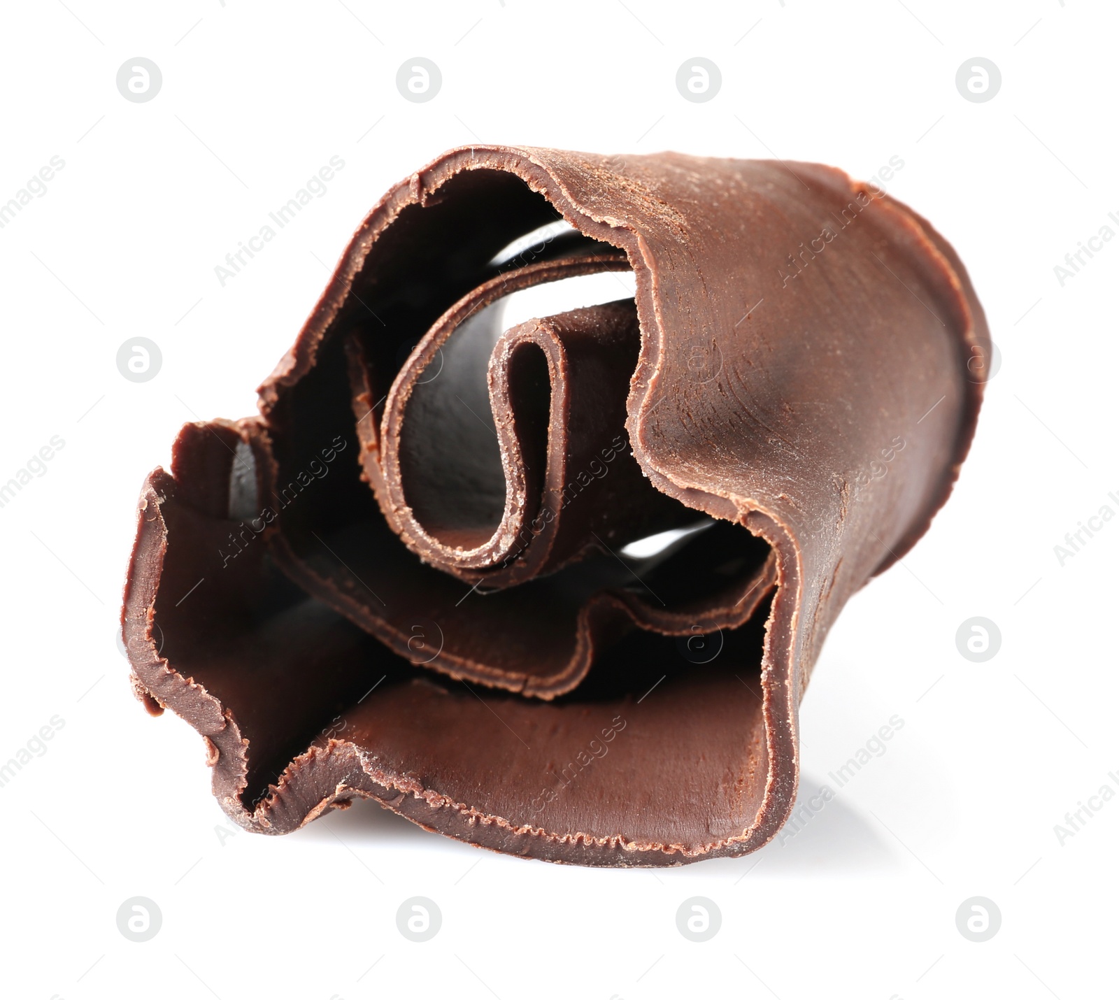 Photo of Yummy chocolate curl for decor on white background