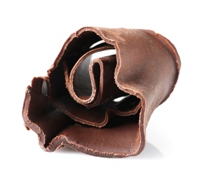 Photo of Yummy chocolate curl for decor on white background