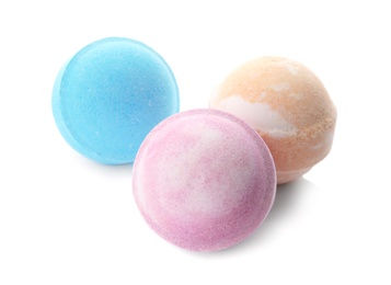 Photo of Bath bombs on white background. Spa products
