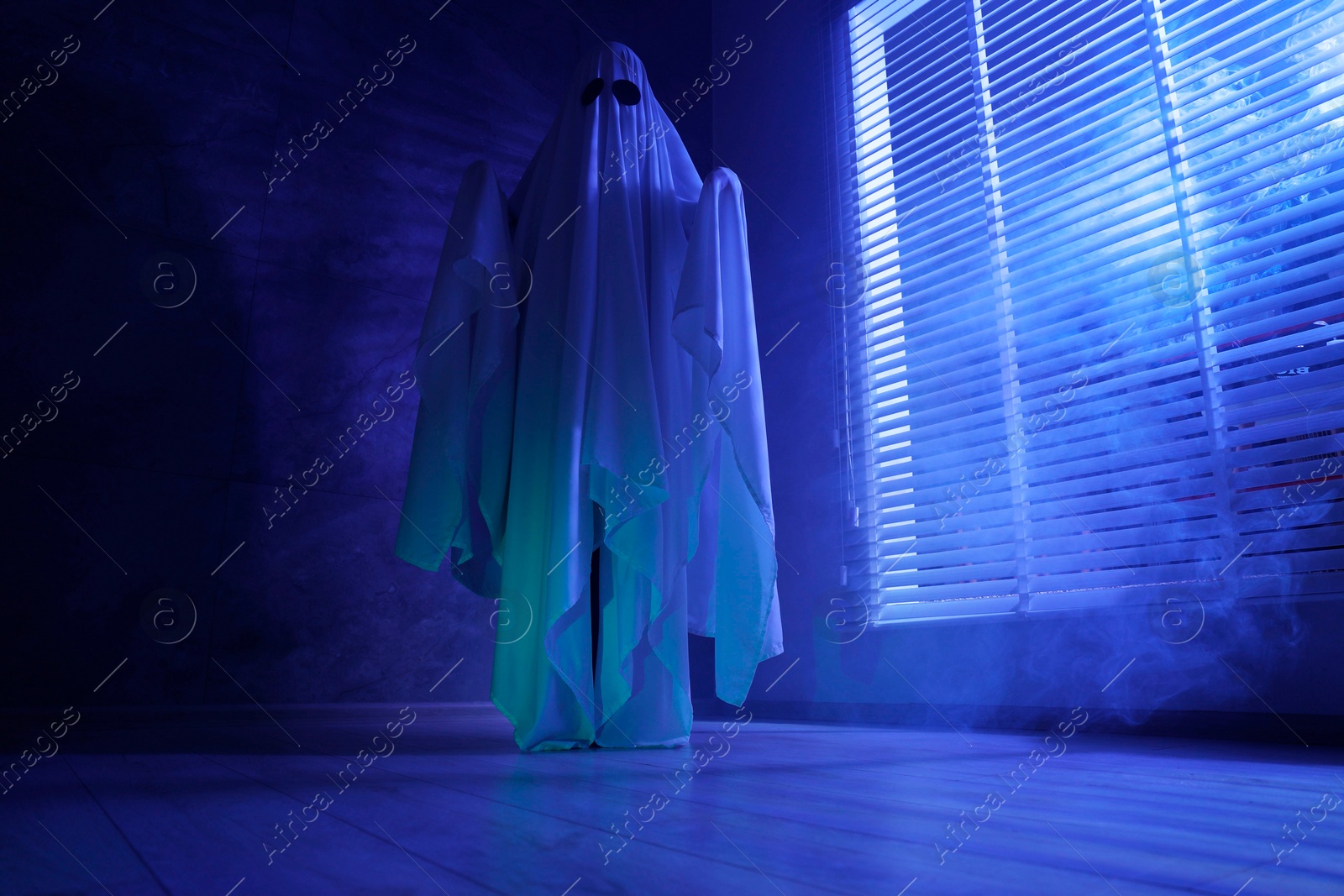 Photo of Creepy ghost. Woman covered with sheet near window in blue light, low angle view