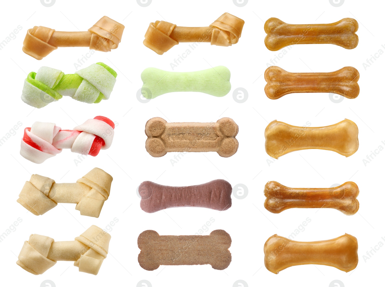 Image of Set with different bone dog treats on white background