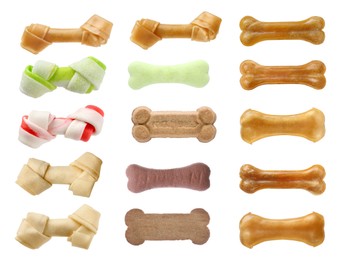 Set with different bone dog treats on white background