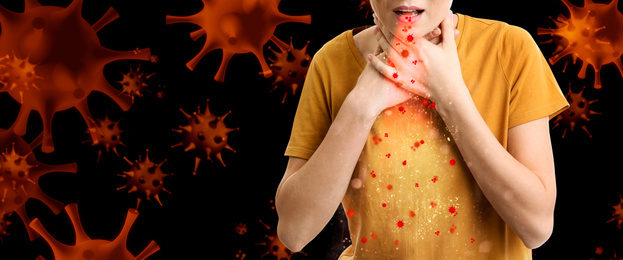 Woman coughing and spreading viruses on dark background