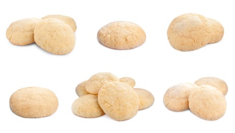 Image of Set with tasty sugar cookies on white background