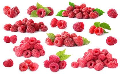 Image of Set of fresh ripe raspberries with green leaves on white background