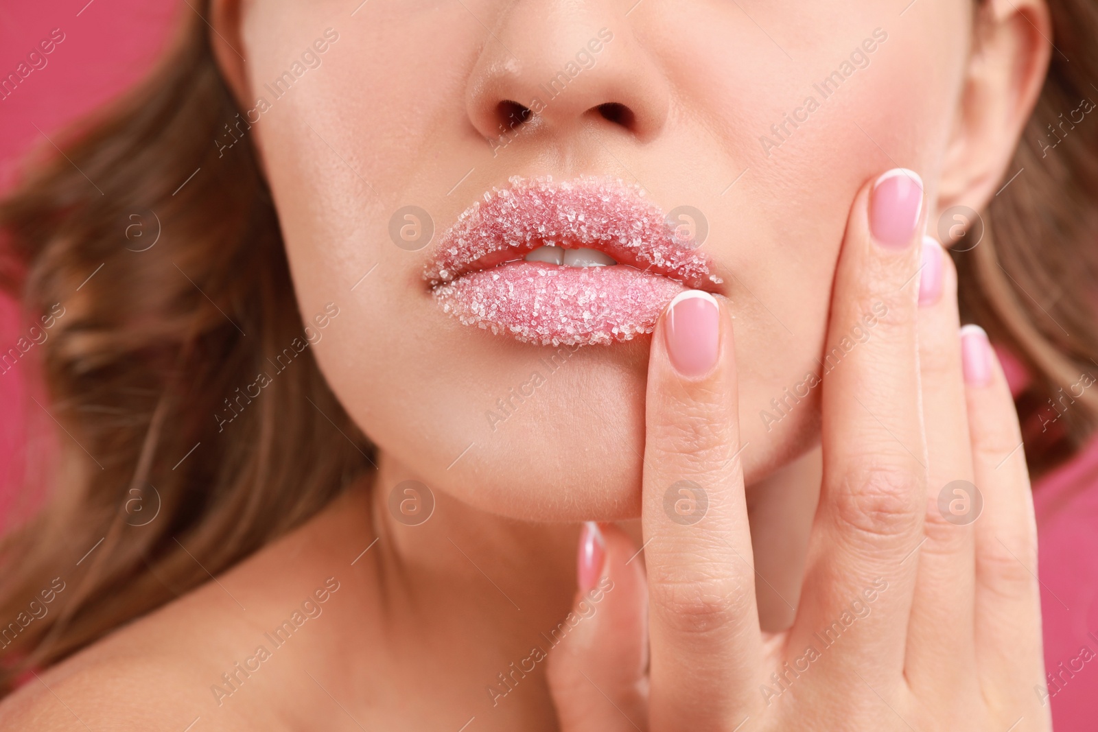 Photo of Beautiful young woman with sugar lips, closeup