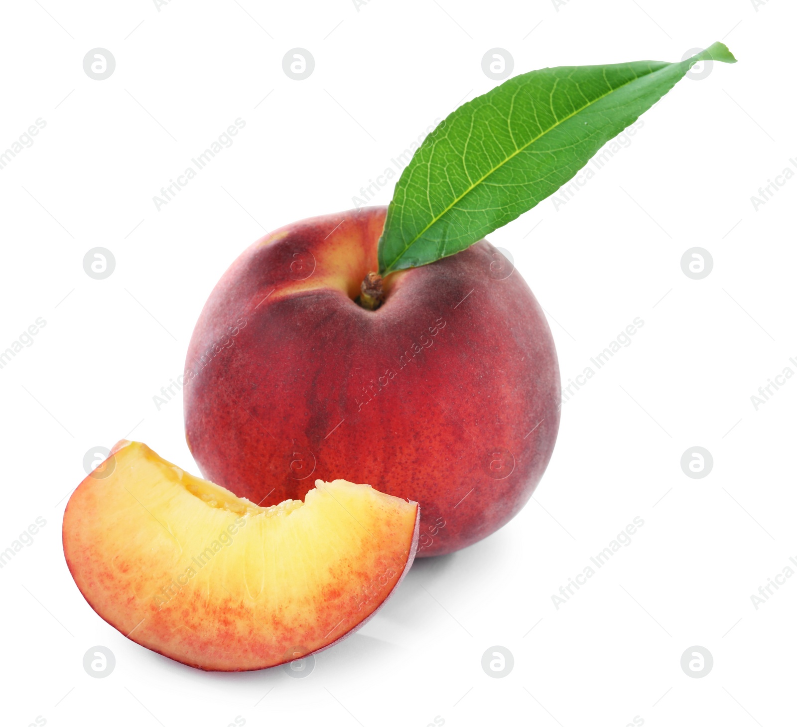 Photo of Sweet juicy peaches with leaf on white background