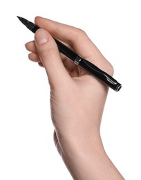 Woman holding pen on white background, closeup of hand