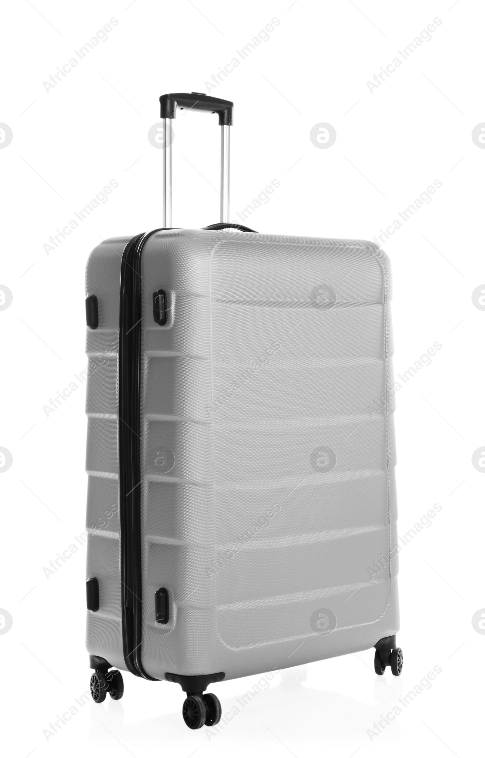 Photo of Grey suitcase for travelling on white background