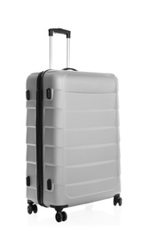 Photo of Grey suitcase for travelling on white background