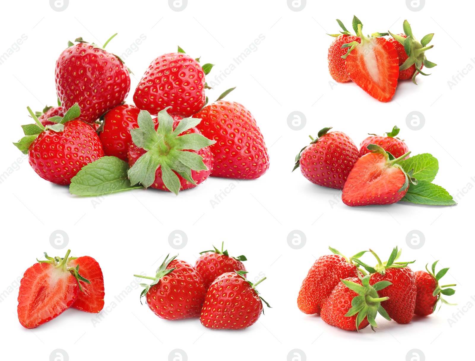 Image of Set of ripe strawberries on white background