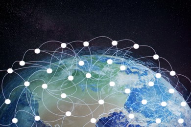 Illustration of Global network. Earth and internet connection lines in starry sky