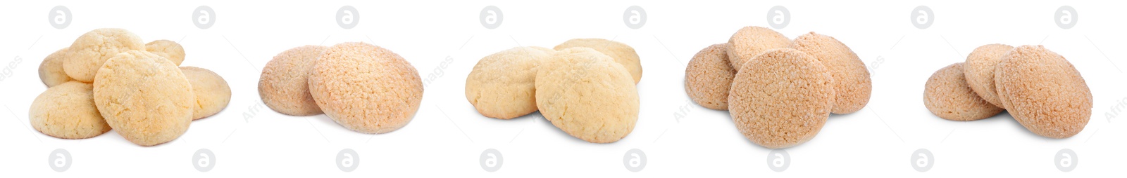 Image of Set with tasty sugar cookies on white background. Banner design