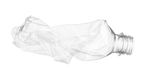 Photo of Crumpled disposable plastic bottle isolated on white