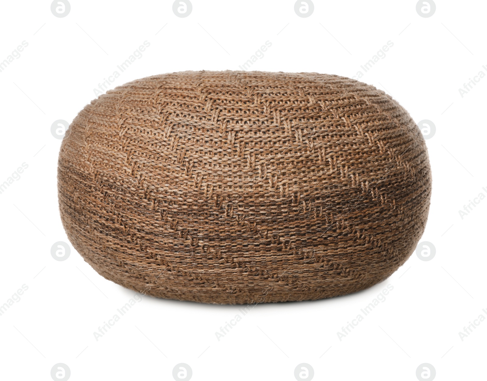 Photo of Stylish brown knitted pouf isolated on white