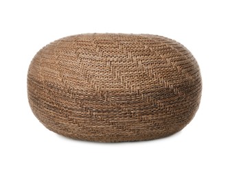 Stylish brown knitted pouf isolated on white