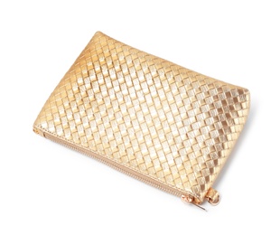 Photo of Stylish female gold clutch on white background