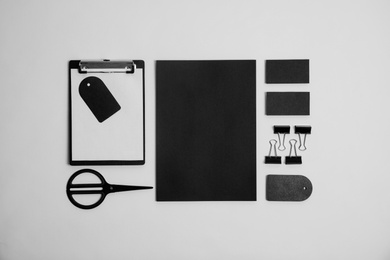Photo of Flat lay composition with stationery on light background. Mock up for design
